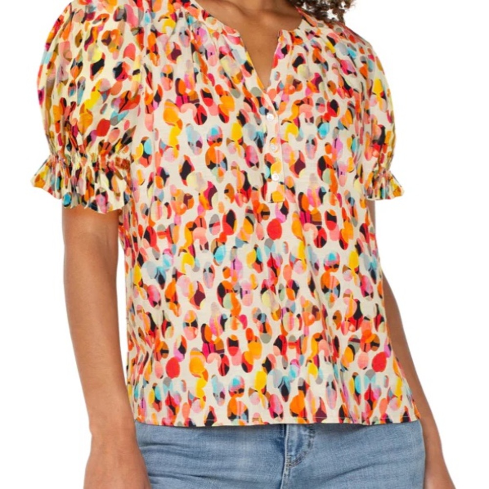 Liverpool Multicolor Printed Puff-Sleeve Blouse 1X watercolor dot NWT - Picture 2 of 11